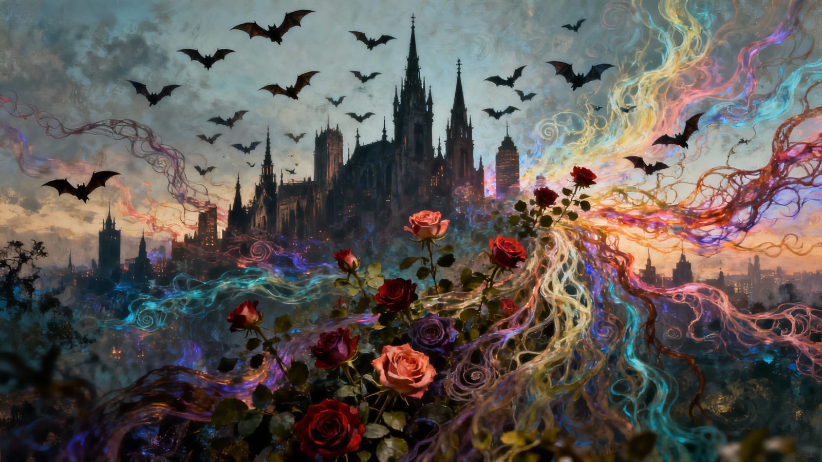 Gothic Cityscape Double Exposure with Bats and Roses