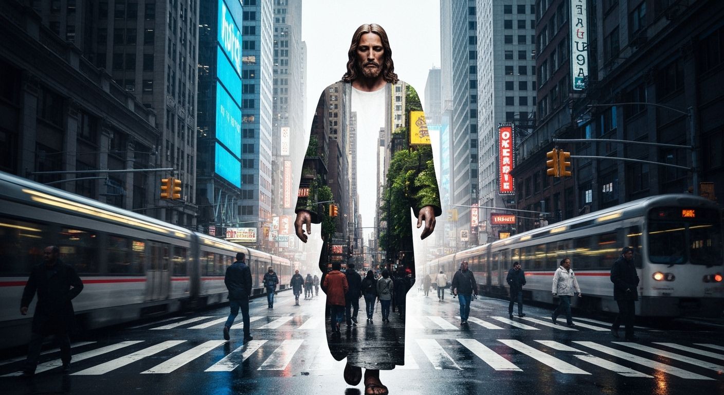 Jesus Christ Composed of Cityscape in Double Exposure