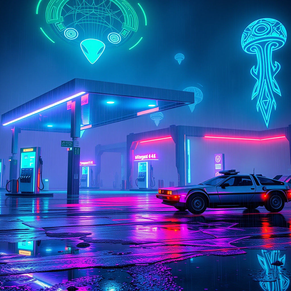A futuristic gas station at night with holographic alien hieroglyphics floating above in iridescent green and cyan, feat...