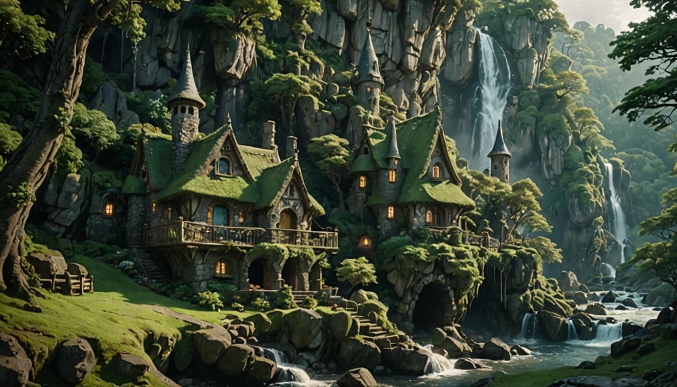 Fairy Cottage on Cliffside in Miyazaki Style