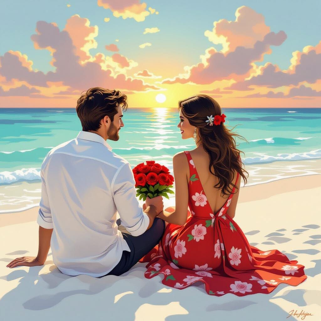 Romantic Beach Sunrise with Couple in Art Nouveau Style