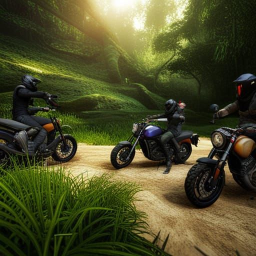 Motorcycles in Green Forest: Detailed Matte Painting
