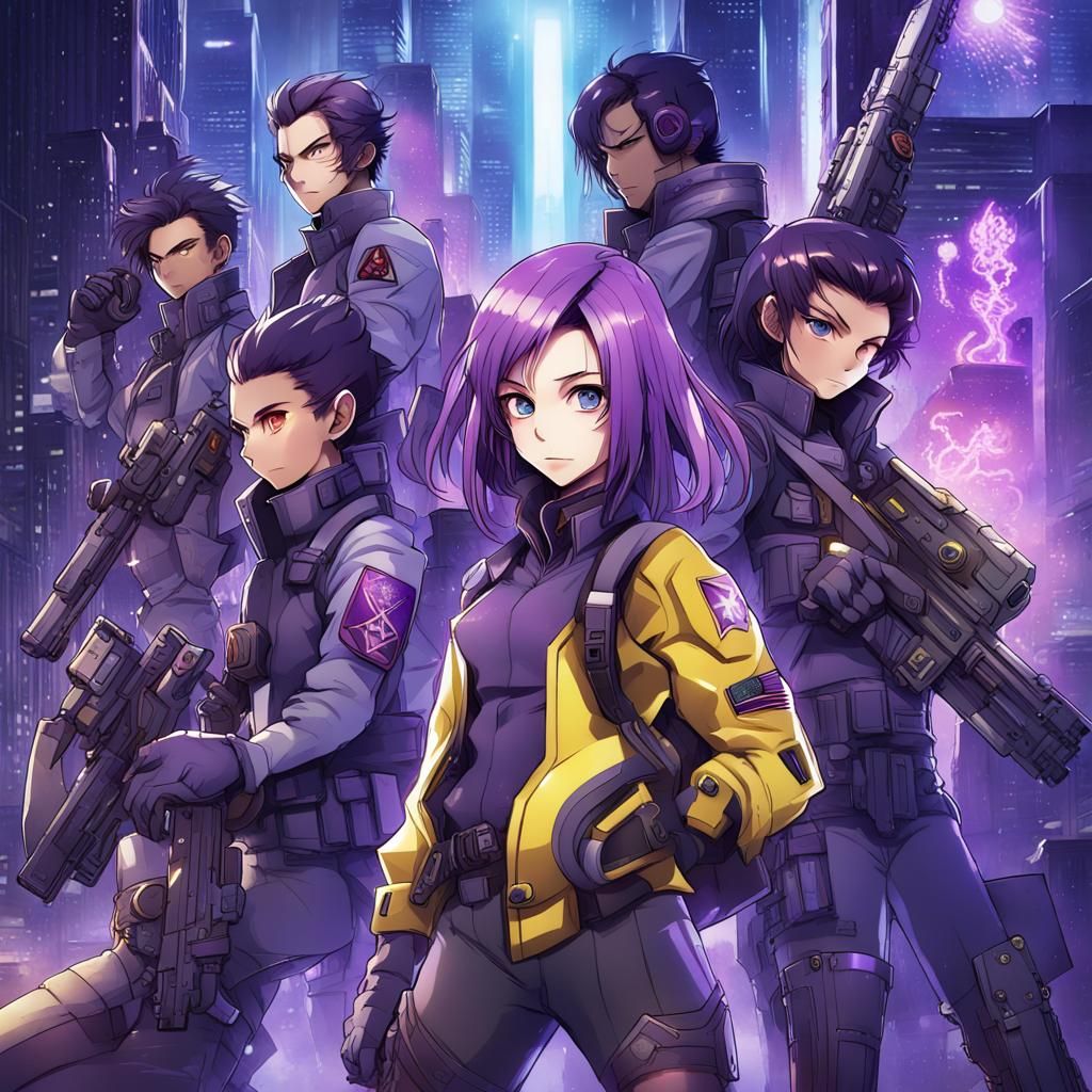 I'm Smuggler's territory, Space colony, purple cyberpunk haze, squad of teen loyalist rebels, extremists cyberpunk energ...