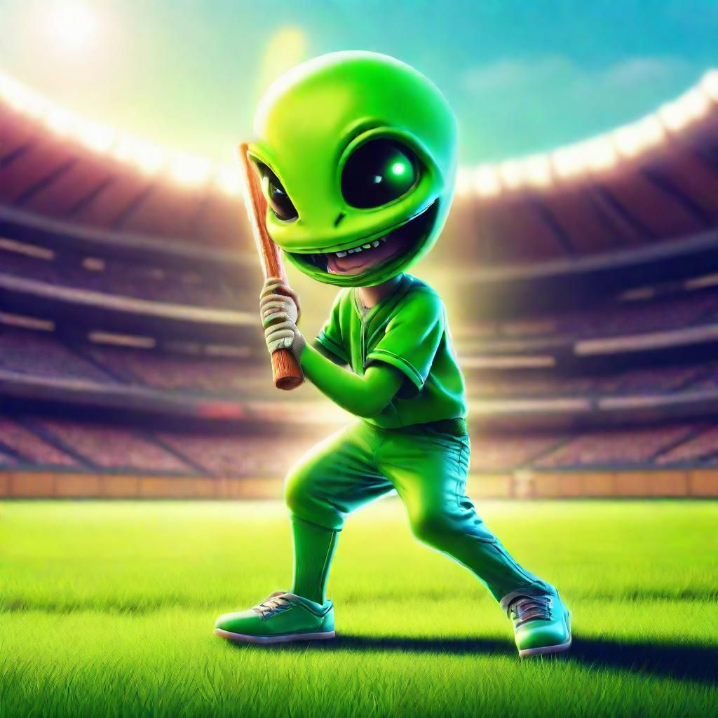Alien Kid Plays Baseball: Cartoon Comic Art
