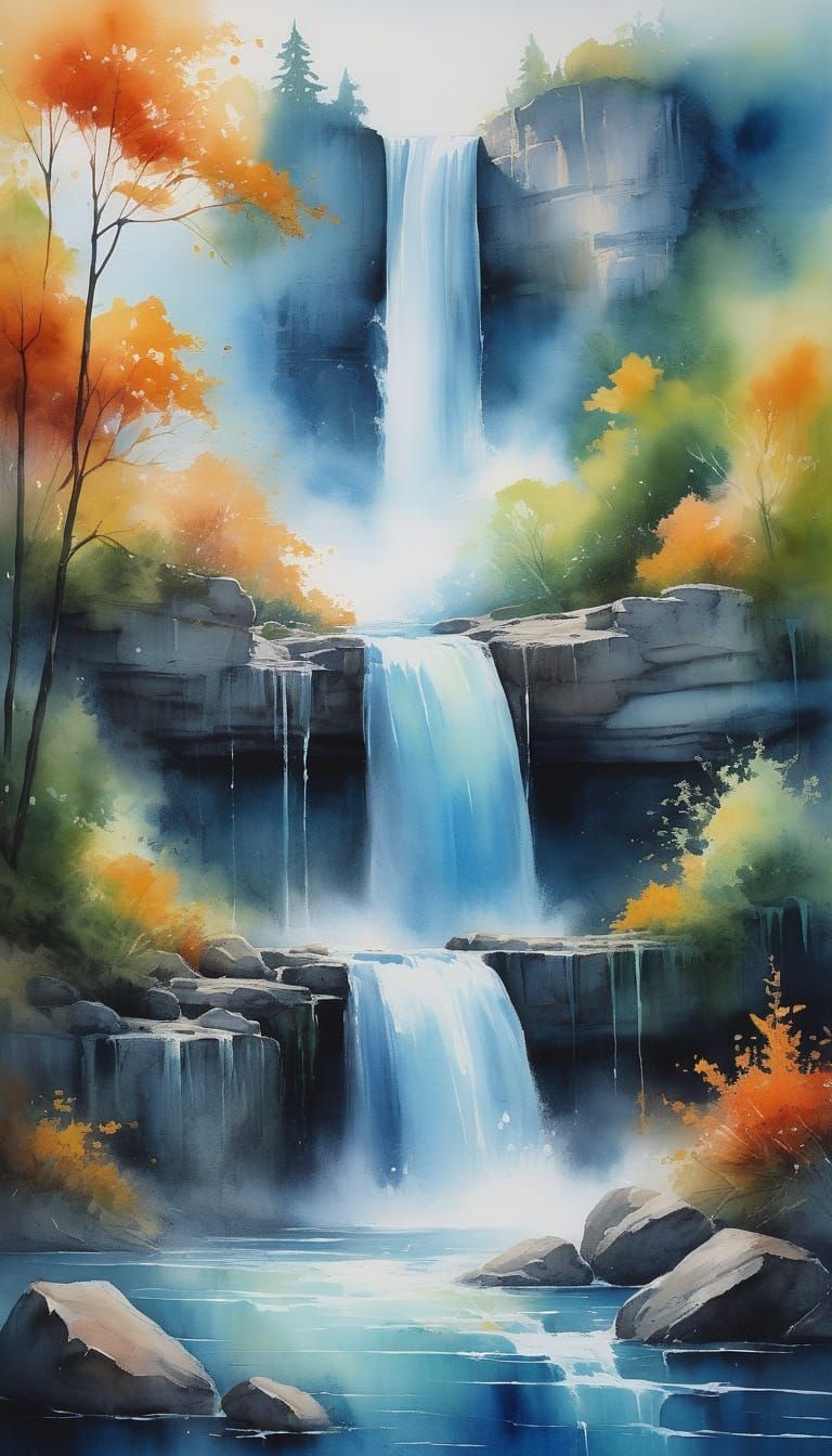 Surreal Watercolor Scene with Floating Cup and Cascading Wat...