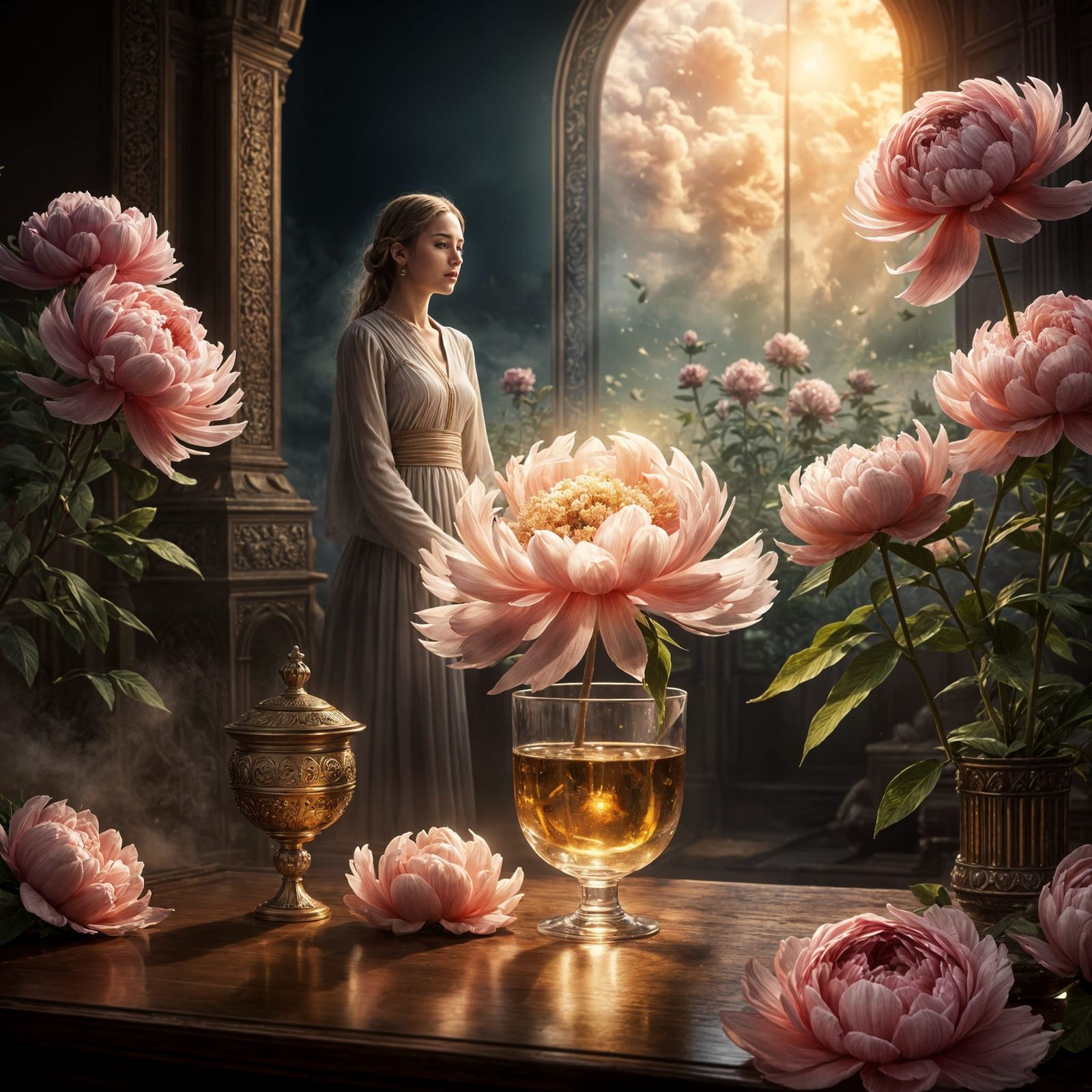 Peony in Glass Watched by Woman: Digital Matte Painting