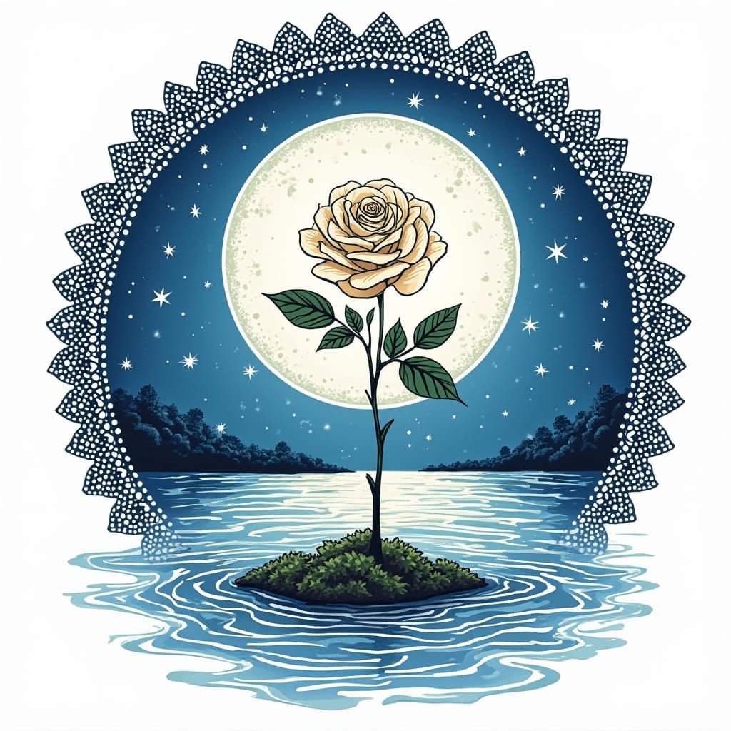 Stunning White Rose Blooms on Serene Island Under Starry Nig...