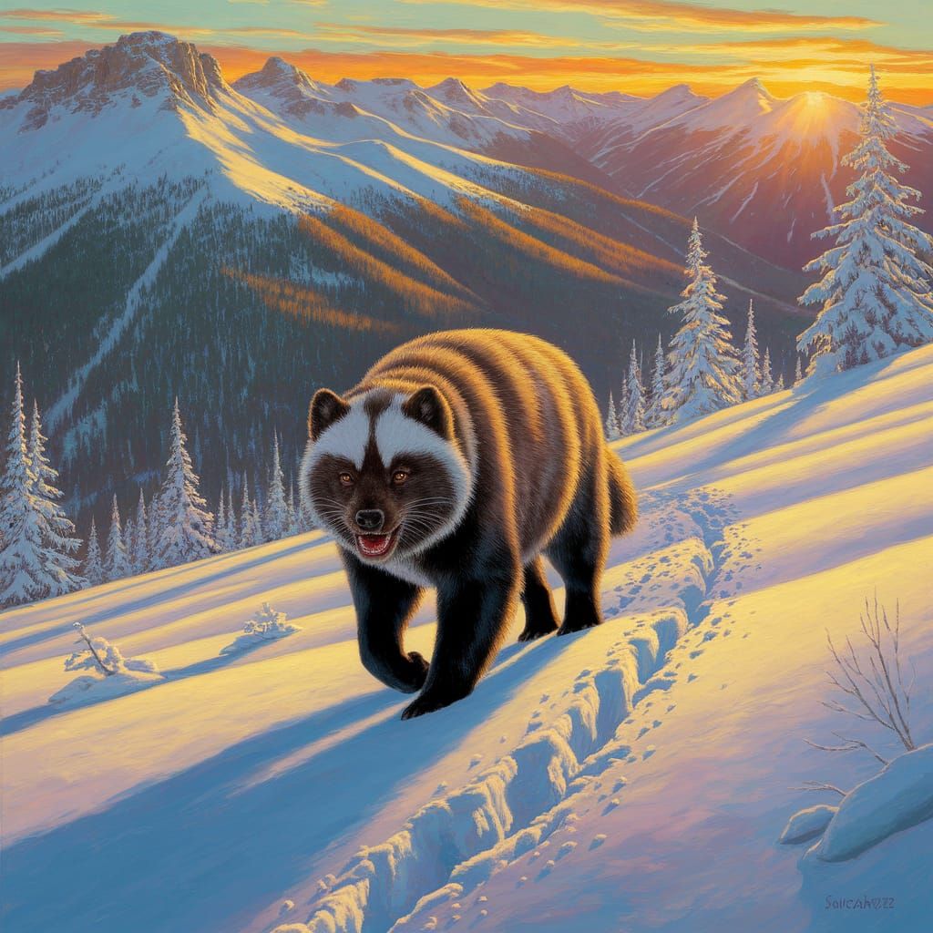 Wolverine Striding Through Snowy Mountains, Oil Painting