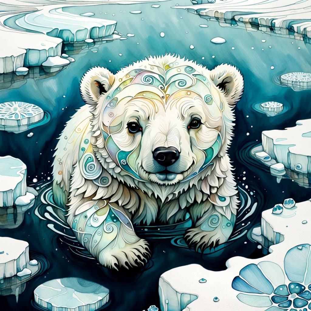 Chibi Polar Bear Swimming in Arctic Waters