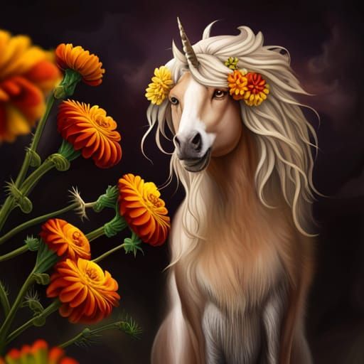 White Unicorn with Marigolds in Dreadlocks