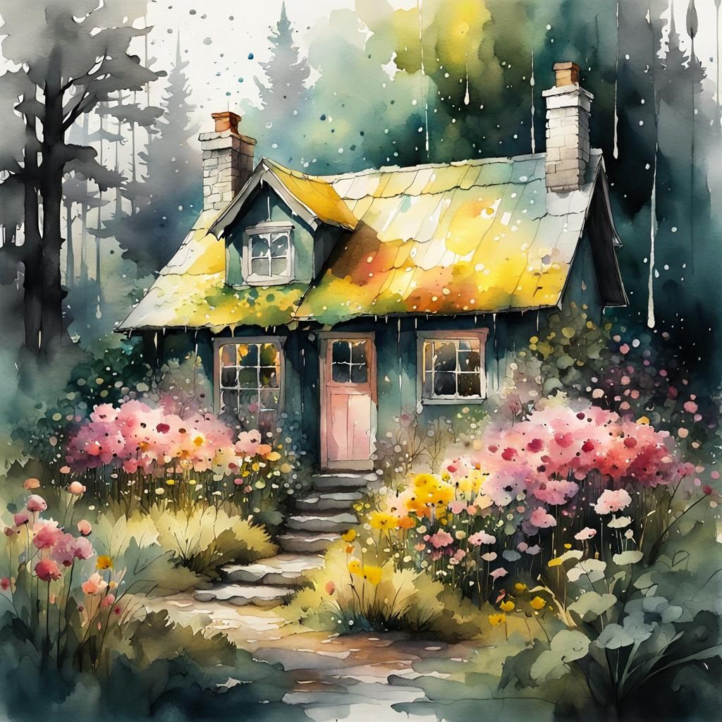 Watercolor Cottage in Rainy Forest Landscape