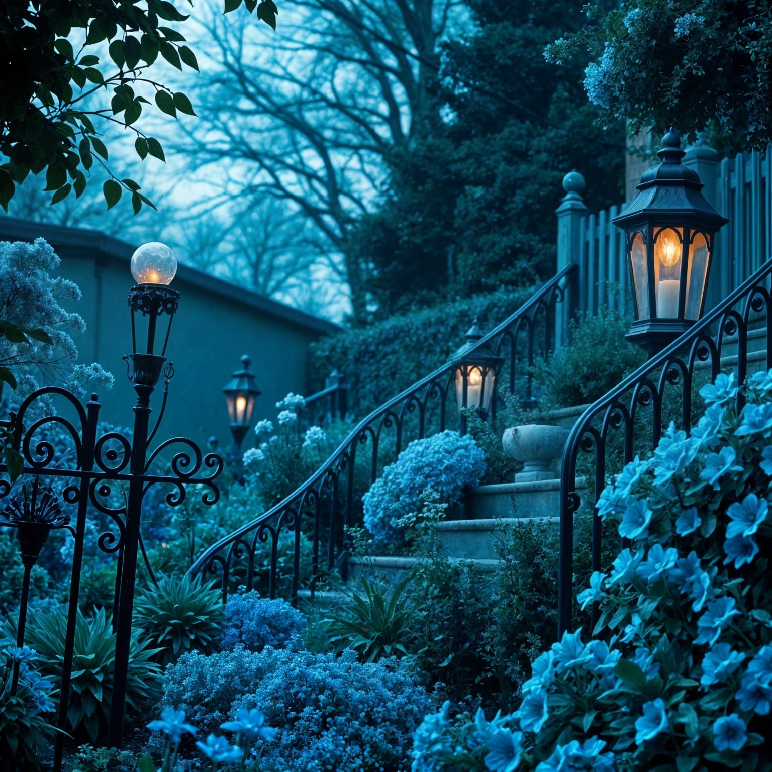 A dreamlike indigo-themed botanical garden bathed in soft tw...