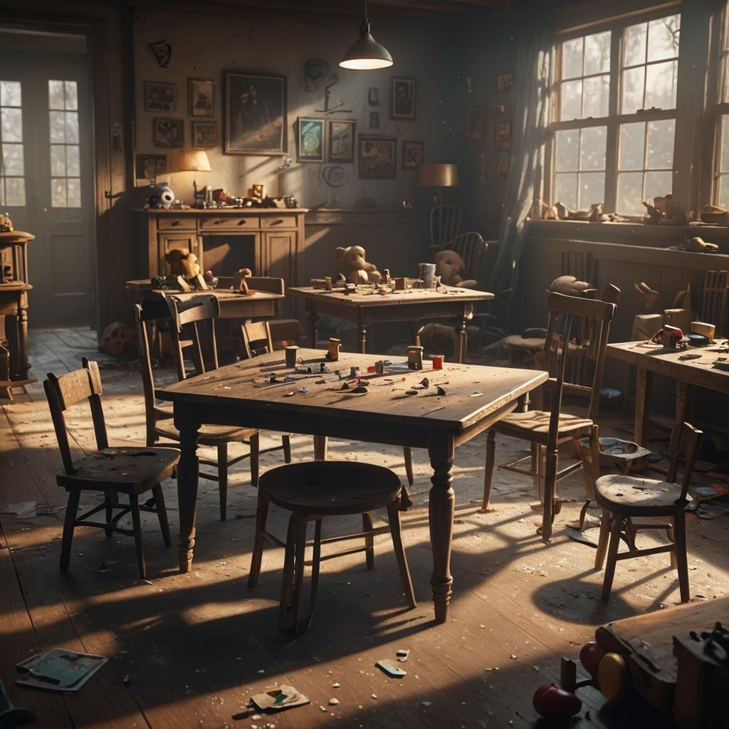 Abandoned Room with Toys in Cinematic Lighting