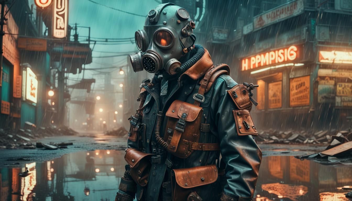 Dieselpunk Mech Warrior in Post-Apocalyptic City