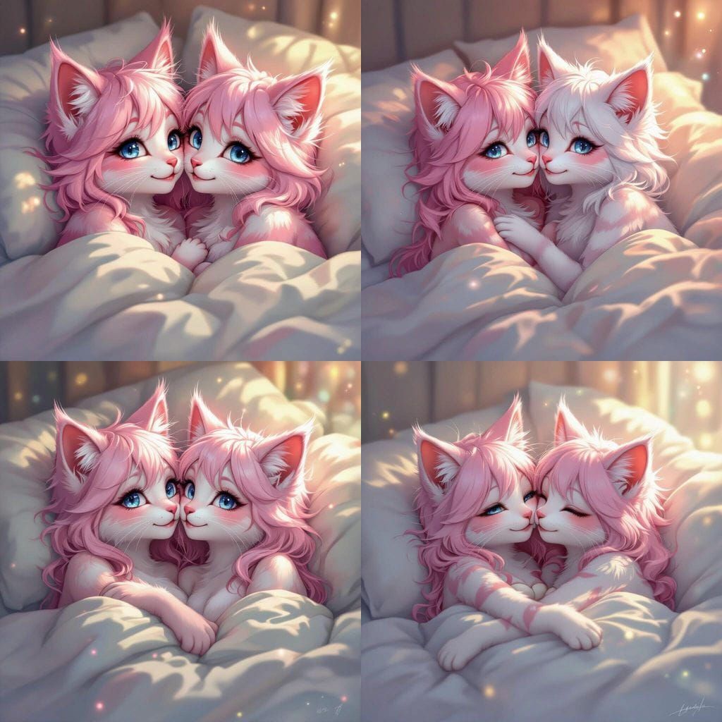 Flirty Pink Catgirls Kissing in Bed: Digital Painting
