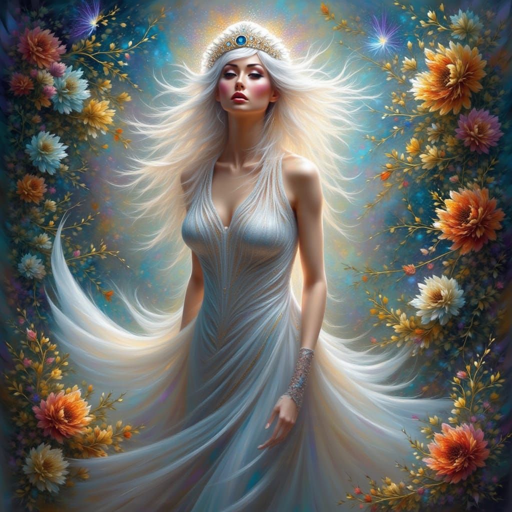 Ethereal Goddess in a Magical Garden with Galaxy Skin