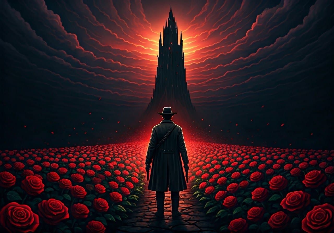 Roland Deschain at the Dark Tower with Red Roses