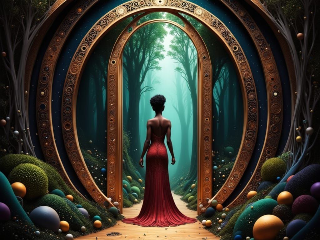 Elegant Woman Enters Magical Forest Portal