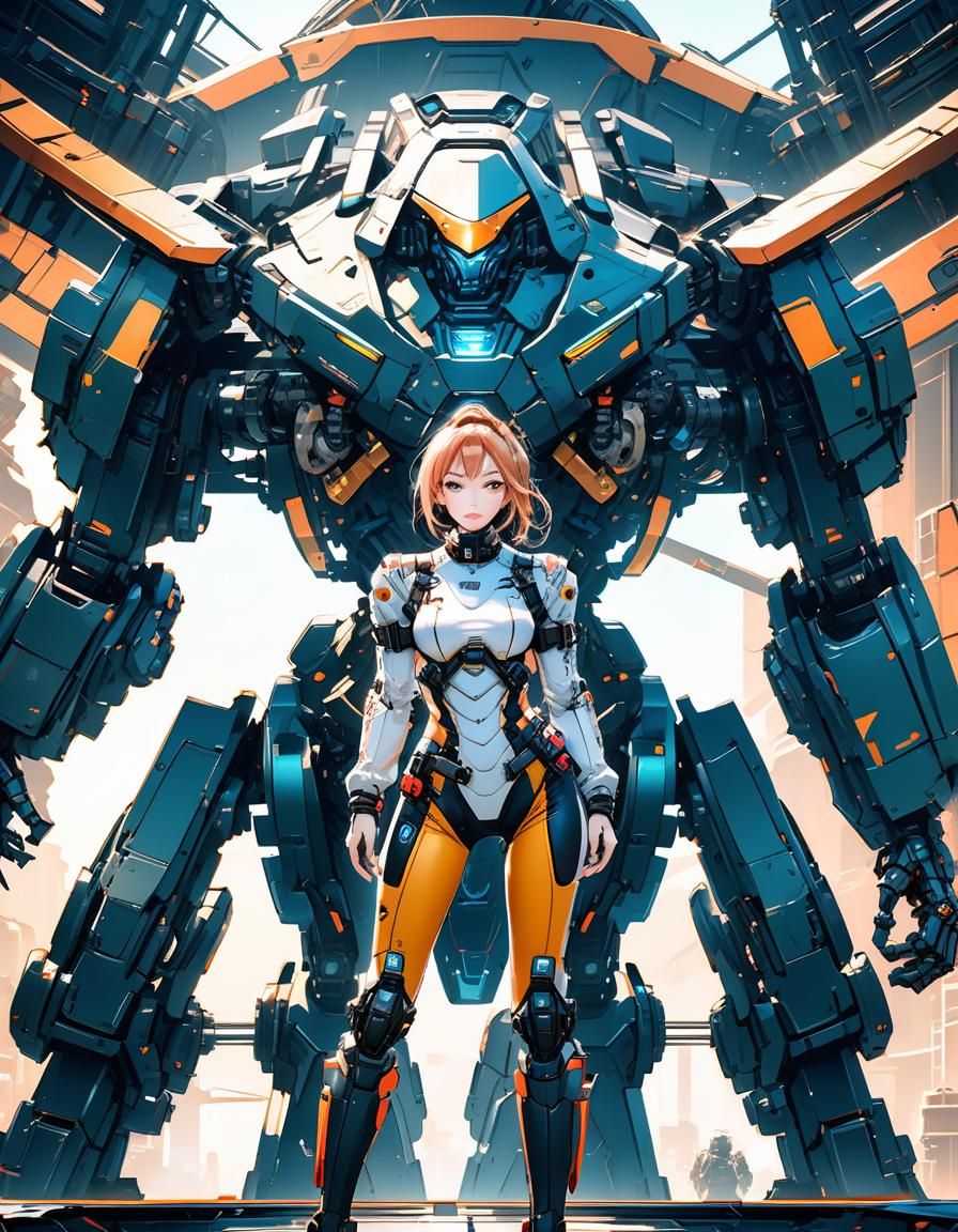 Alluring Sci-Fi Pilot with Giant Mech in Anime Style