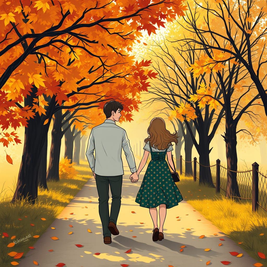 Romantic Autumn Stroll: Whimsical Storybook Illustration