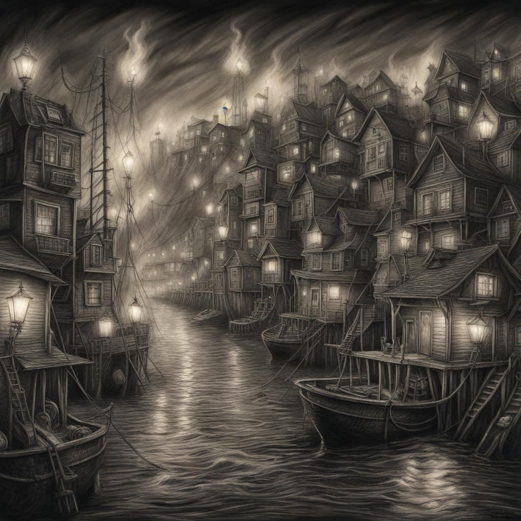 Eldritch Dieselpunk Fishing Village in Charcoal