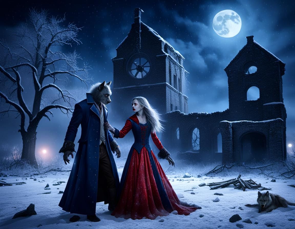 Vampire vs Werewolf in Snowy Gothic Ruins