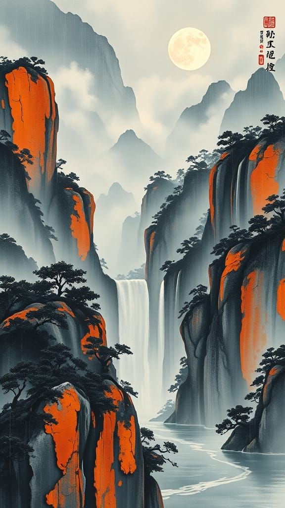 a traditional Chinese山水画轴 (landscape scroll painting) in the style of Fu Baoshi’s 巴山夜雨 (Ba Mountain Night Rain), capturi...