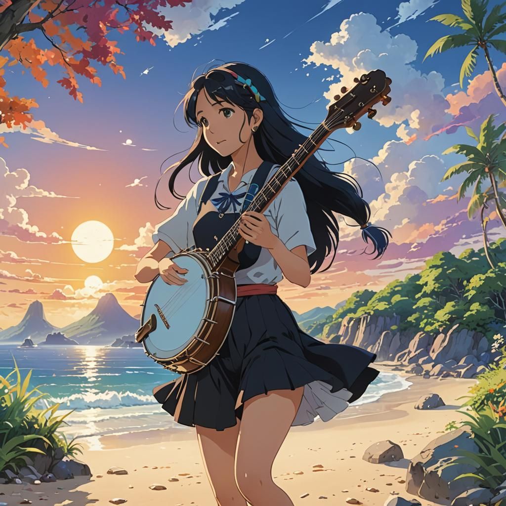 Anime Girl Plays Banjo on Beach, Ghibli Style