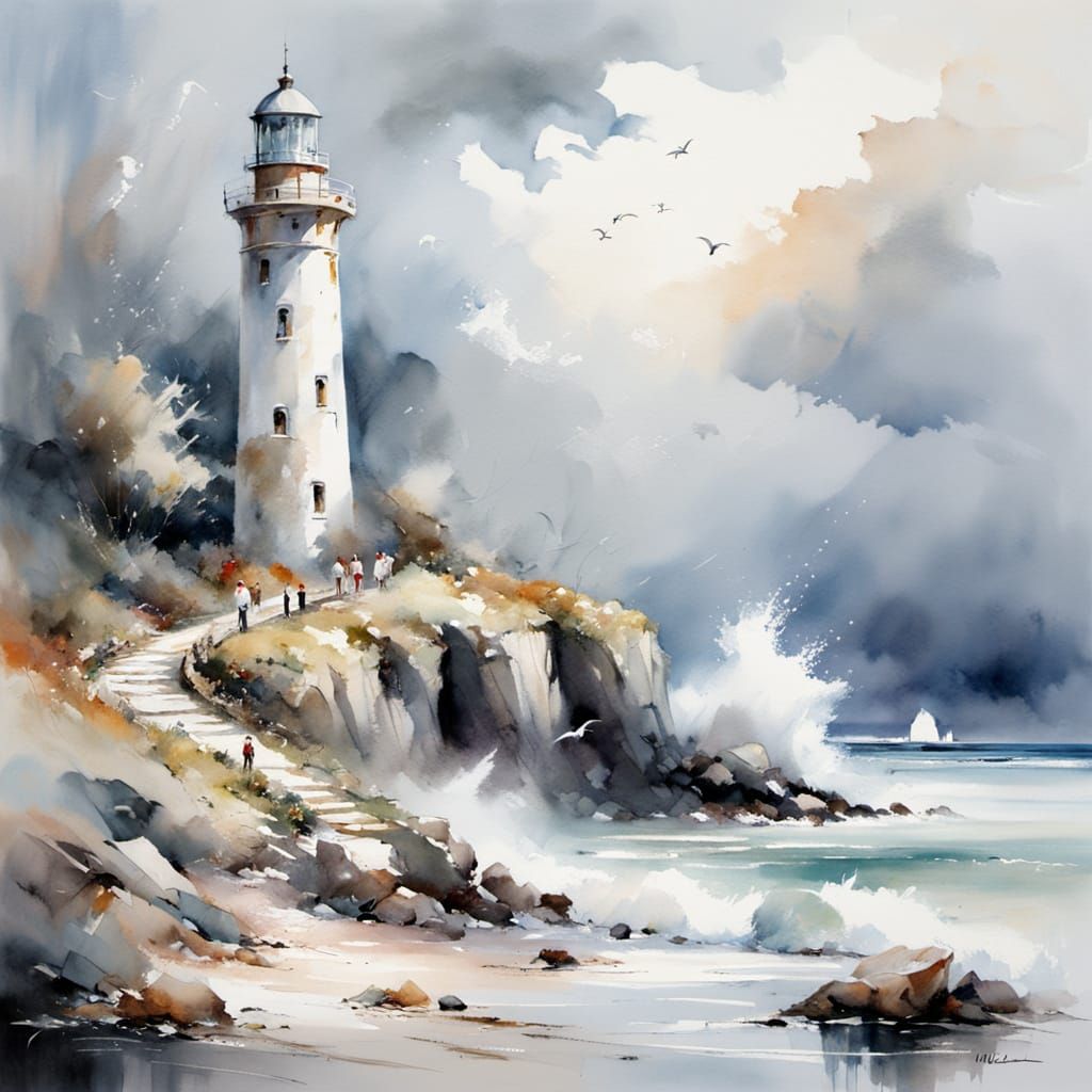 Stoat at Ruined Lighthouse: Watercolor Coastal Scene