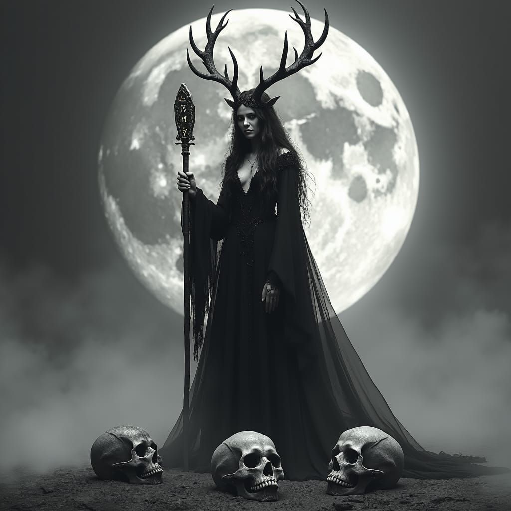 Dark Fae Woman on Moon with Skulls