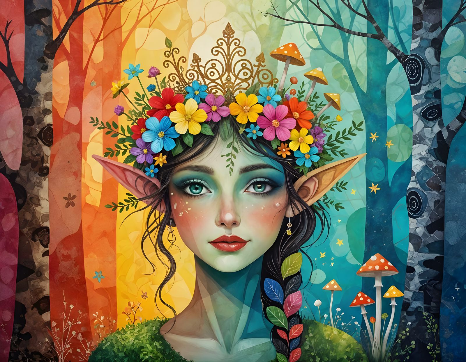 Whimsical Forest Lutin in Crackled Cubist Style