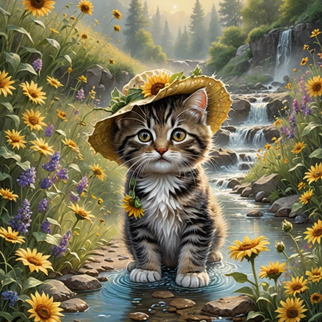 Tabby Kitten in Wildflower Field, Ethereal Fantasy Art