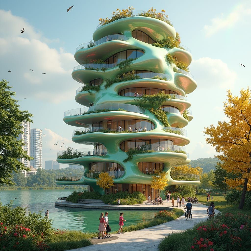 Luminous Flower-Shaped Skyscraper in Modern Metropolis