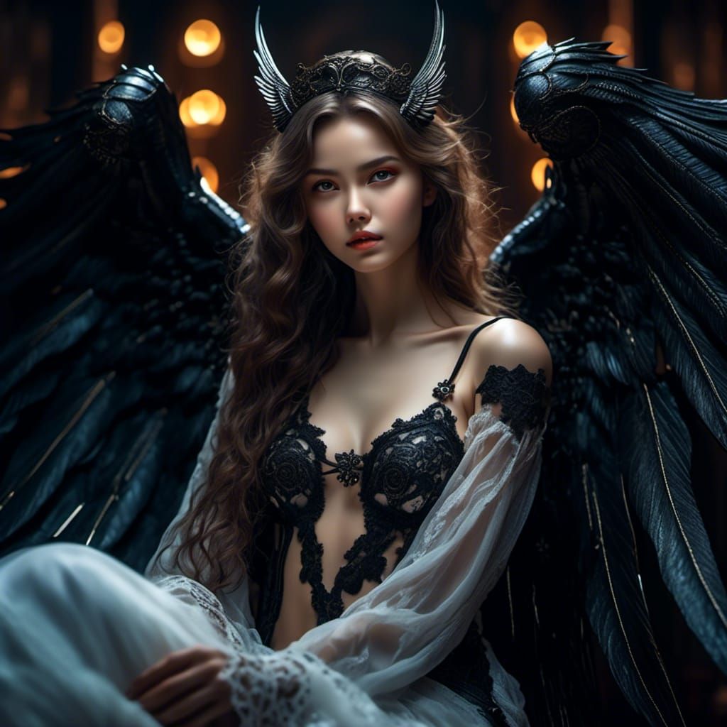 Ethereal Gothic Angel in Black Lingerie