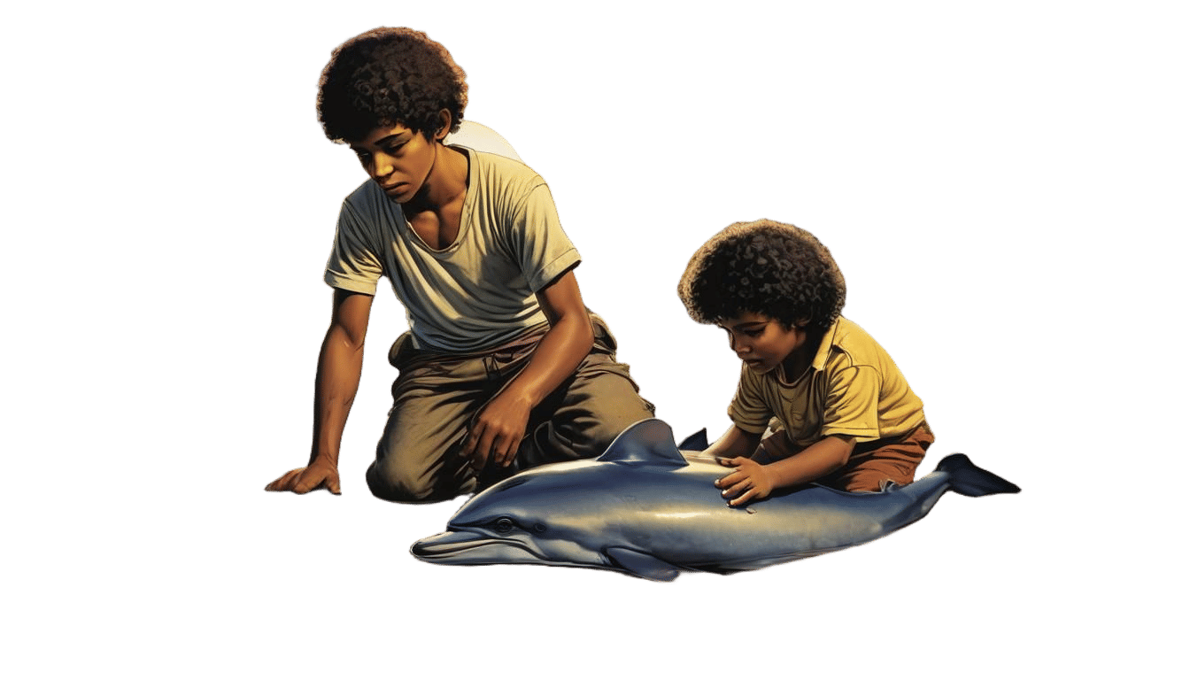 Egyptian Boy Helps Dolphin, Color Print Art