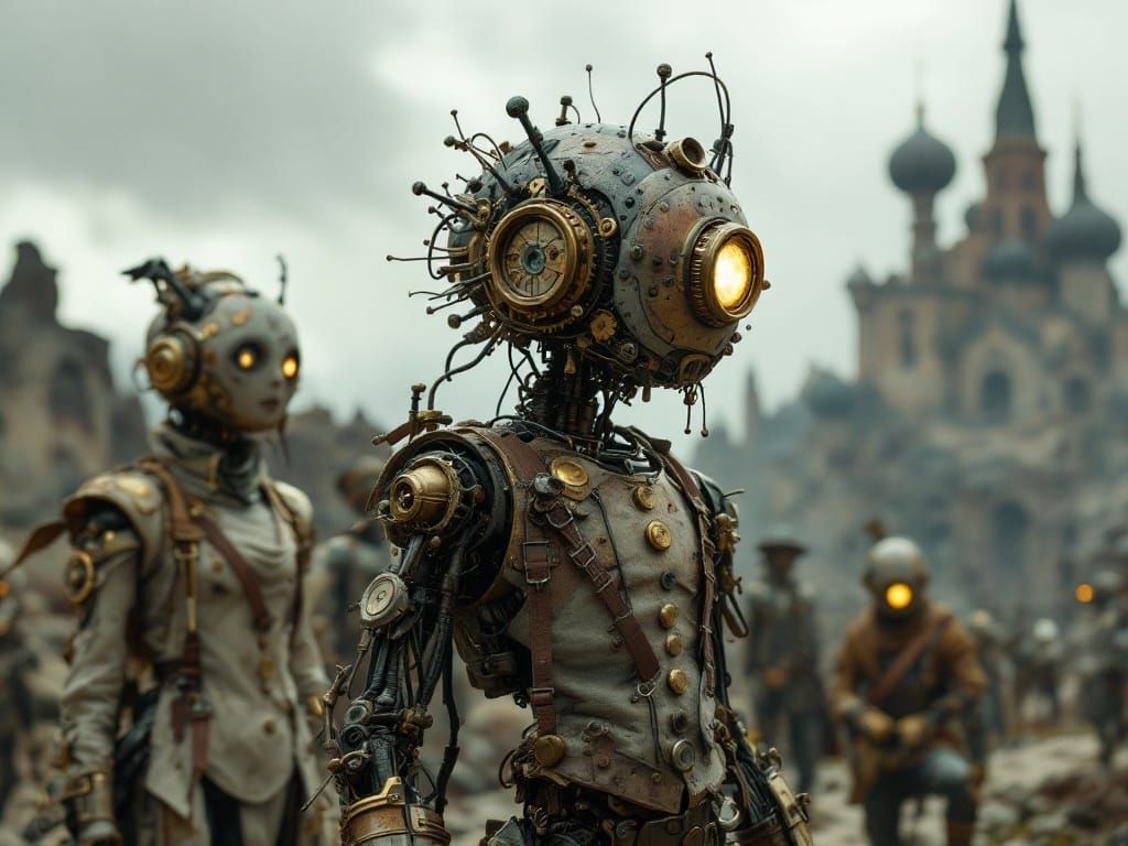Steampunk Robot Amidst Post-apocalyptic Wasteland