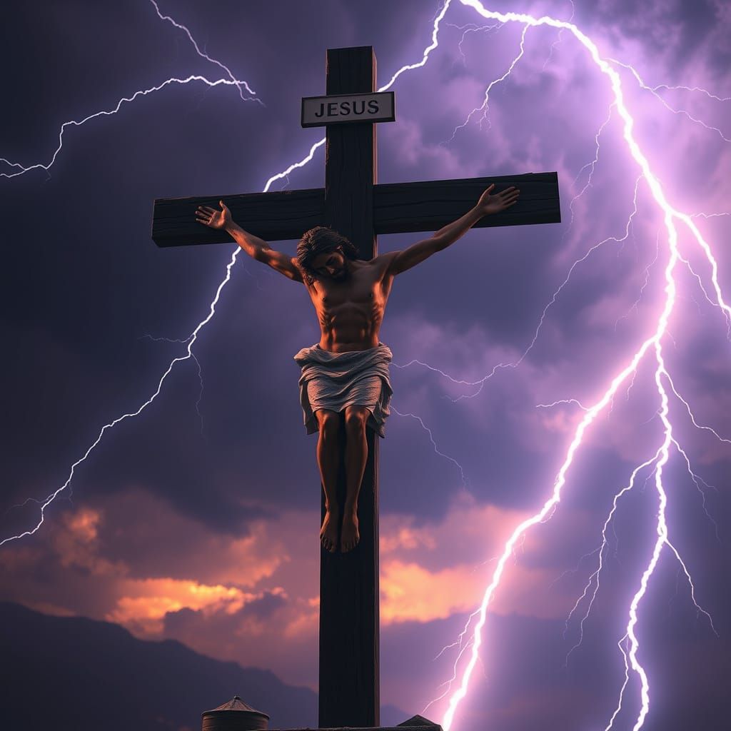 Jesus on the Cross in a Darkened Stormy Sky
