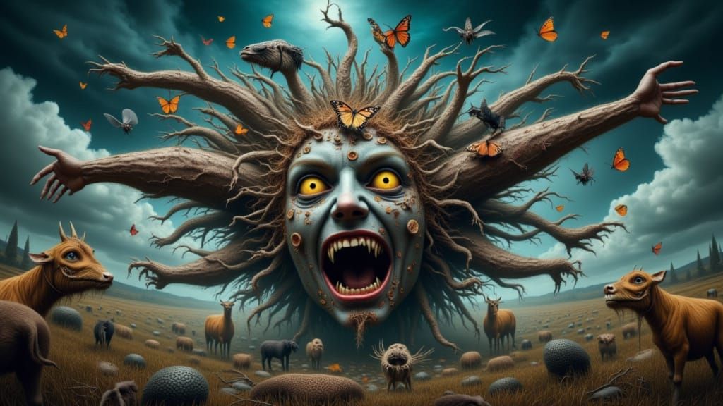 Surreal Mindscape with Mutating Faces and Creatures