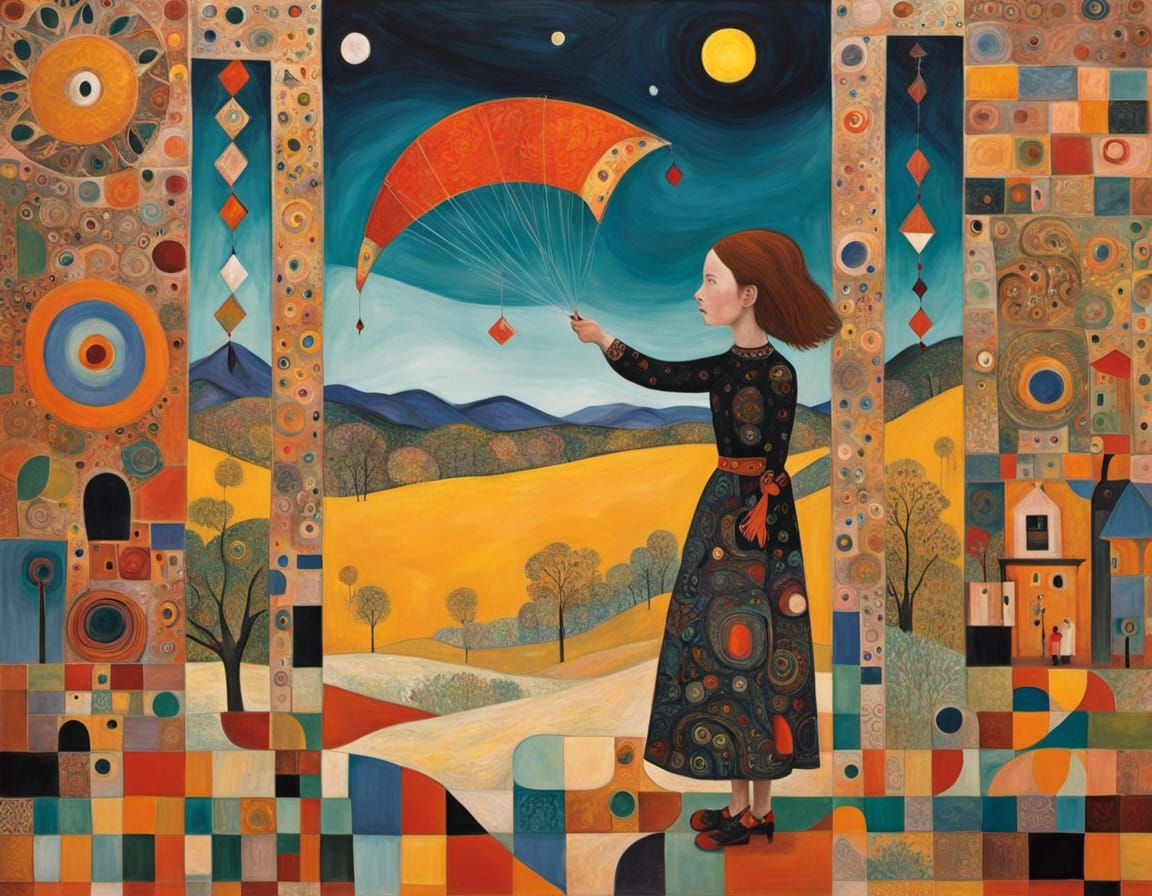 Dreamy Girl Holding Kite with Zentangle Patterns