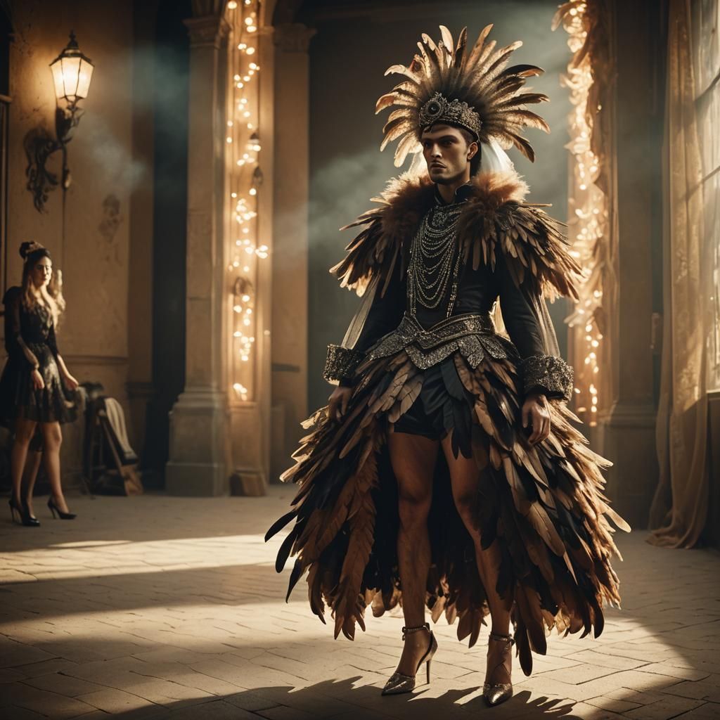 Young Man Crossdressing in Elaborate Dress: Cinematic Still