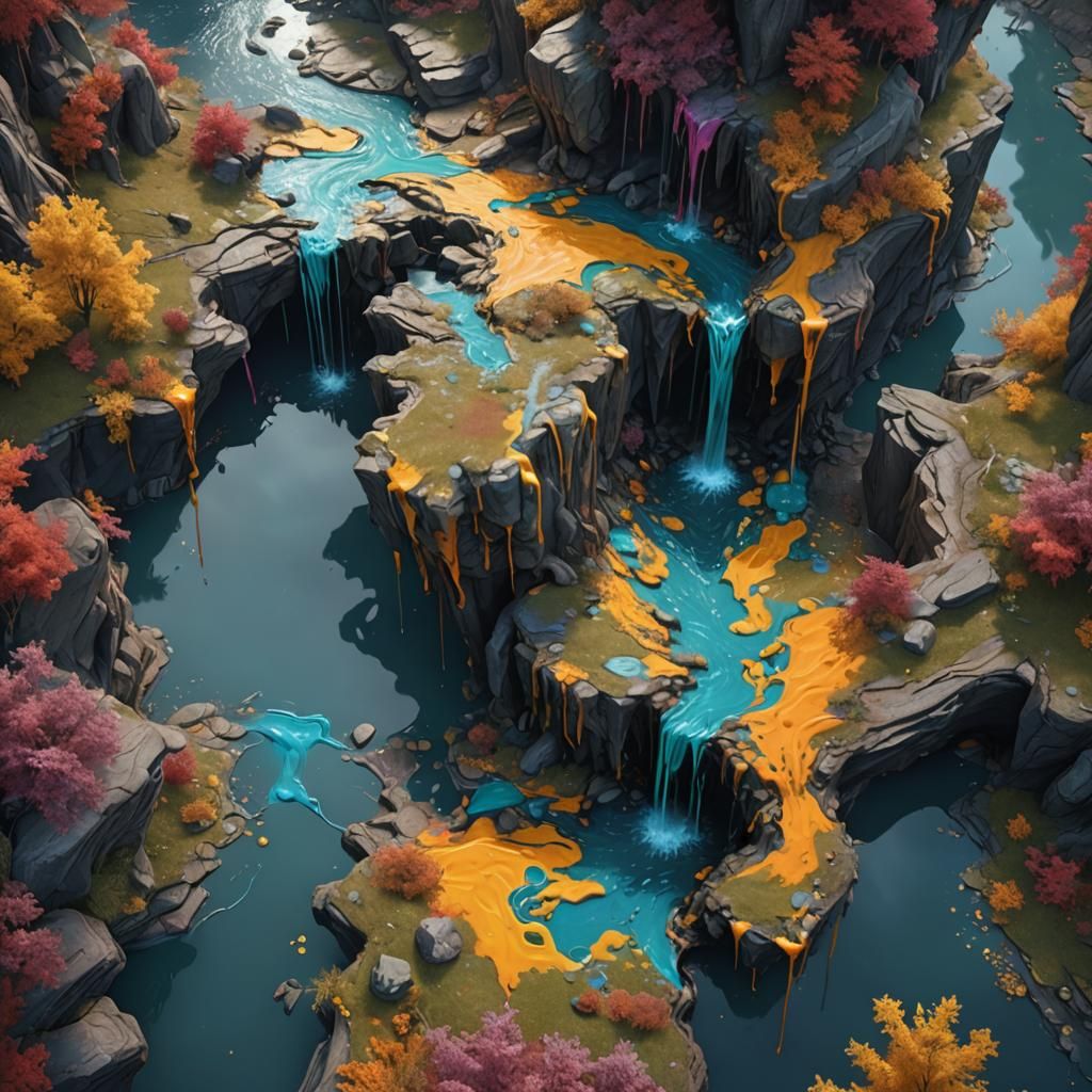 Paint Dripping into River: Detailed Matte Painting