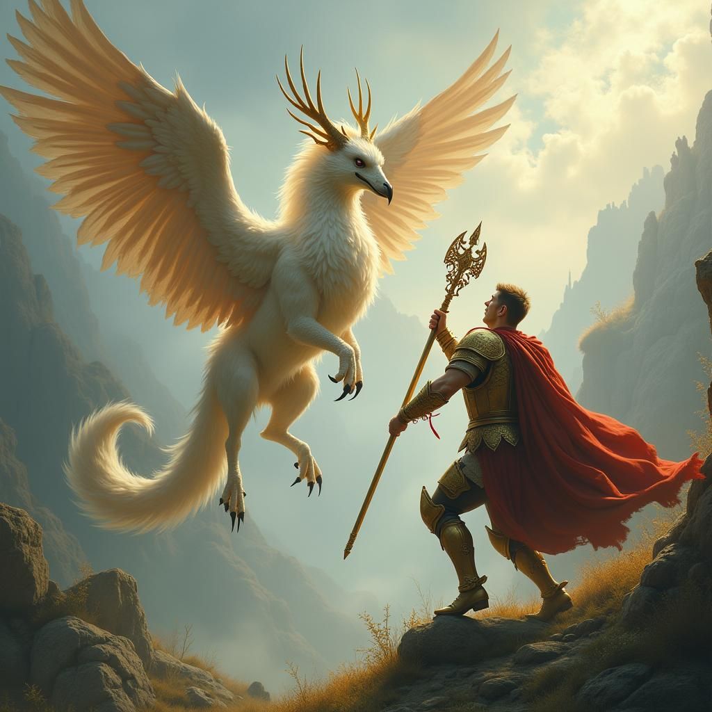 Gryphon and Warrior Clash in Ethereal Landscape