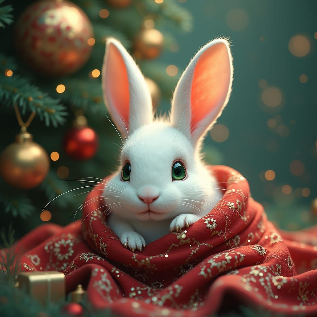 Whimsical Art Nouveau White Rabbit in Festive Holiday Surrou...