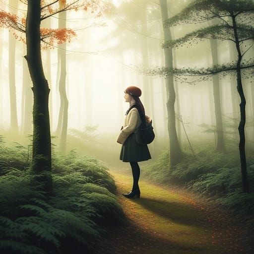 Whimsical Watercolor Forest Scene in Vibrant Triadic Colors