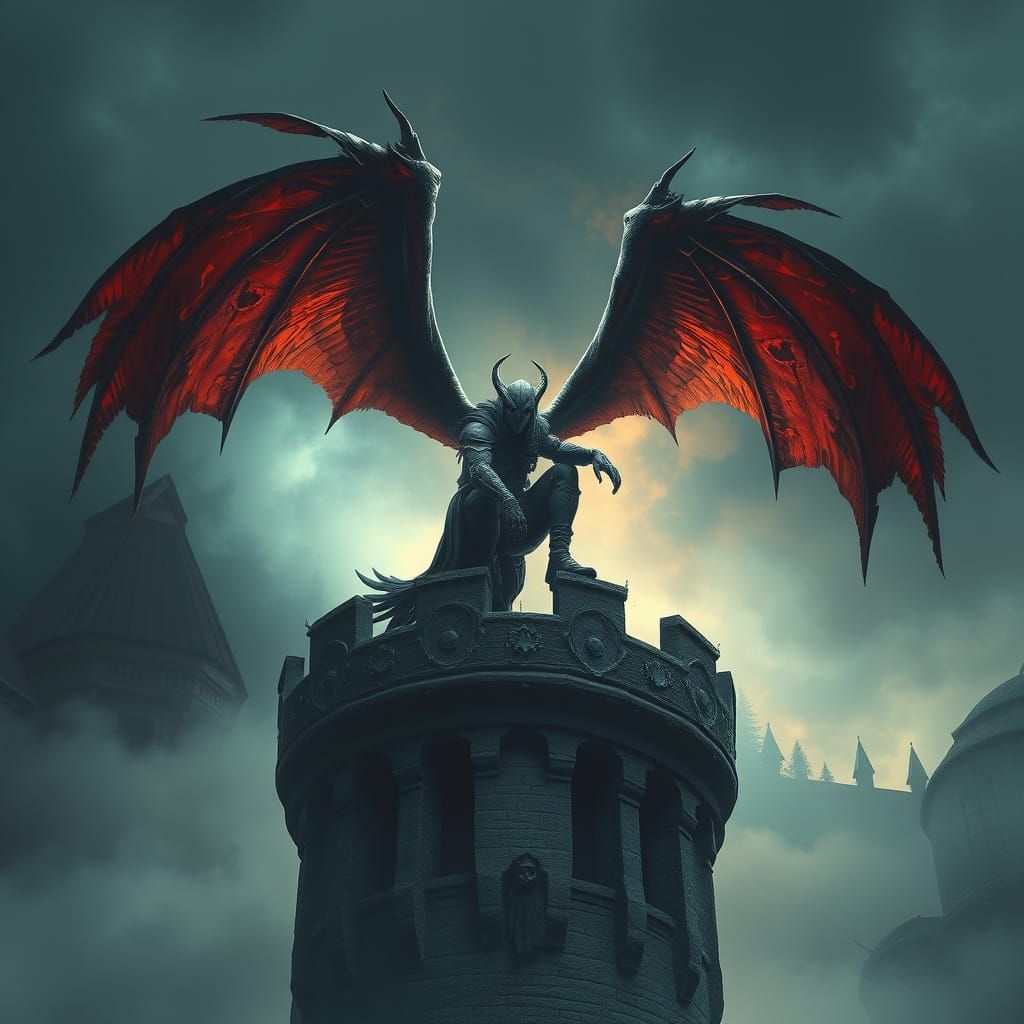 Gryphon on Castle Turret in Mystical Matte Painting Style