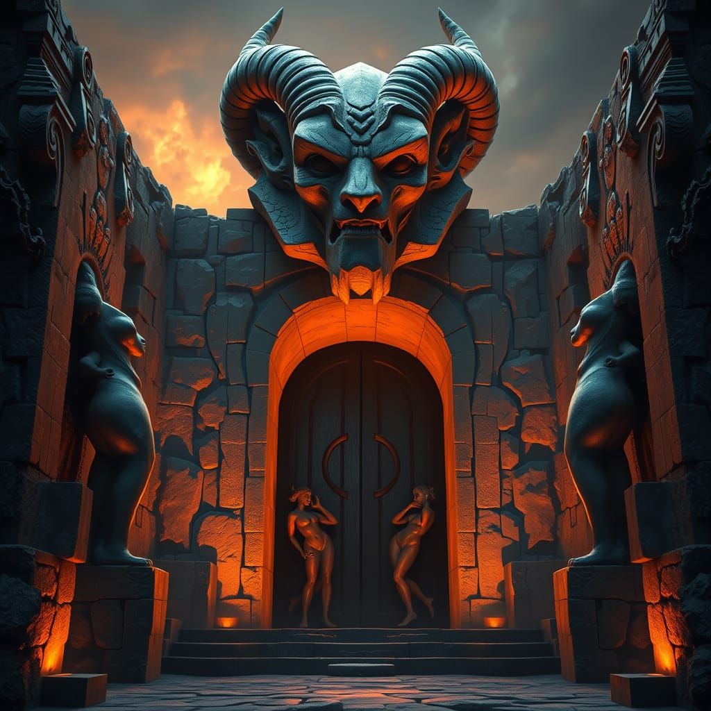 Sensual Brutalist Gateway in Cubist Style with Female Statue...