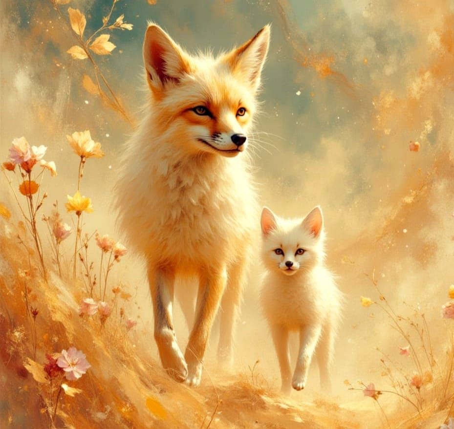 Desert Fox Family in Watercolor Desert Storm