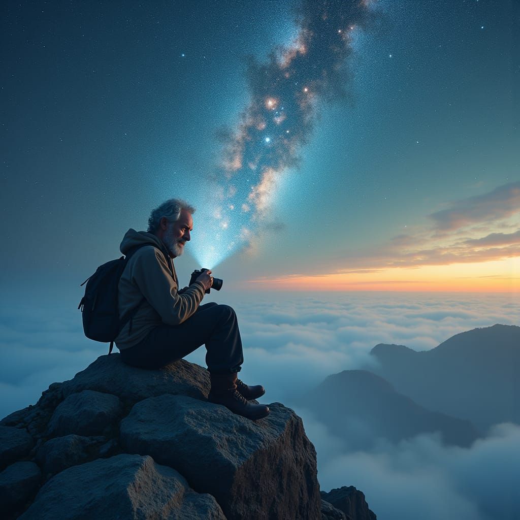 Lone Man Captures Celestial Moment on Mountain Peak