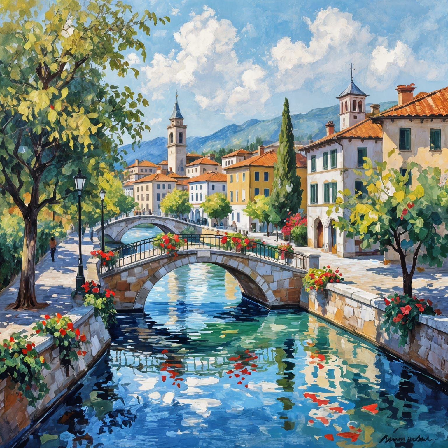 Impressionist Cityscape Garden Bridge in Gouache Style