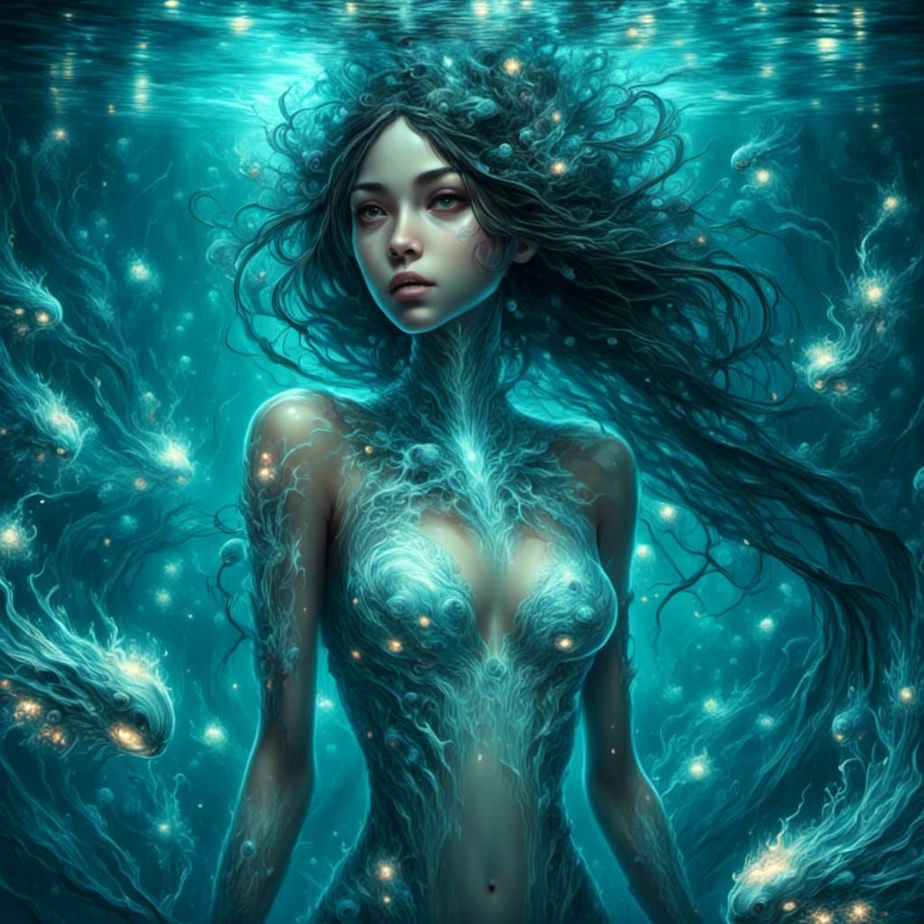 Bioluminescent Water Girl in Alien Ocean
